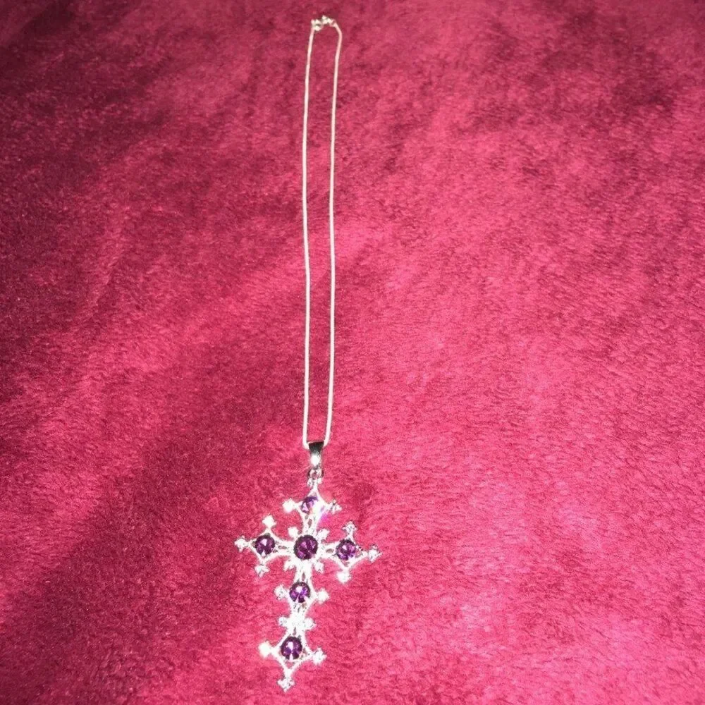 Silver Tone & Purple Crystal Cross and Crystal Hair Comb